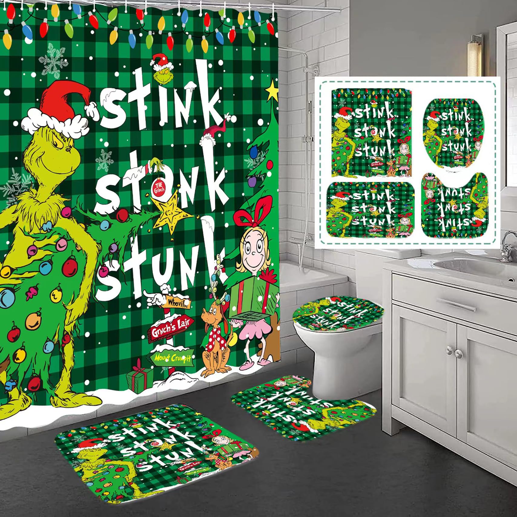 BATERZO rideau de douche vert Noël en situation, apporte ambiance festive