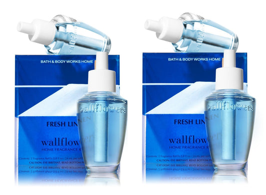 Bath & Body Works emballage avant Fresh Linen montrant ampoules et bénéfice parfum propre