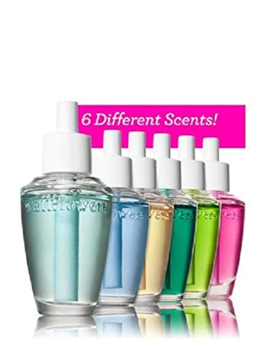 Bath & Body Works pack de 6 recharges Wallflowers face avant montrant couleurs et parfums pour maison parfumée