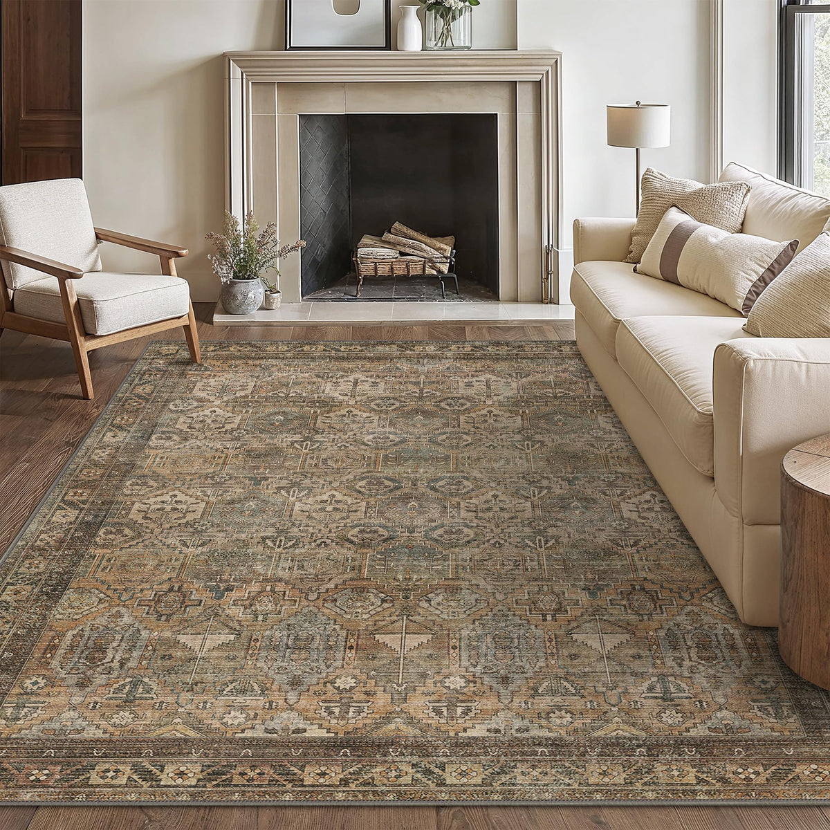 Bavni tapis face avant 5x7 taupe montrant esthétique neutre et harmonie décorative
