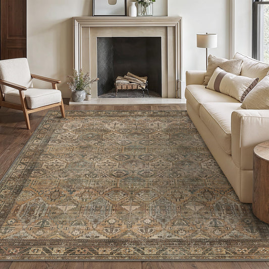 Bavni tapis face avant 5x7 taupe montrant esthétique neutre et harmonie décorative