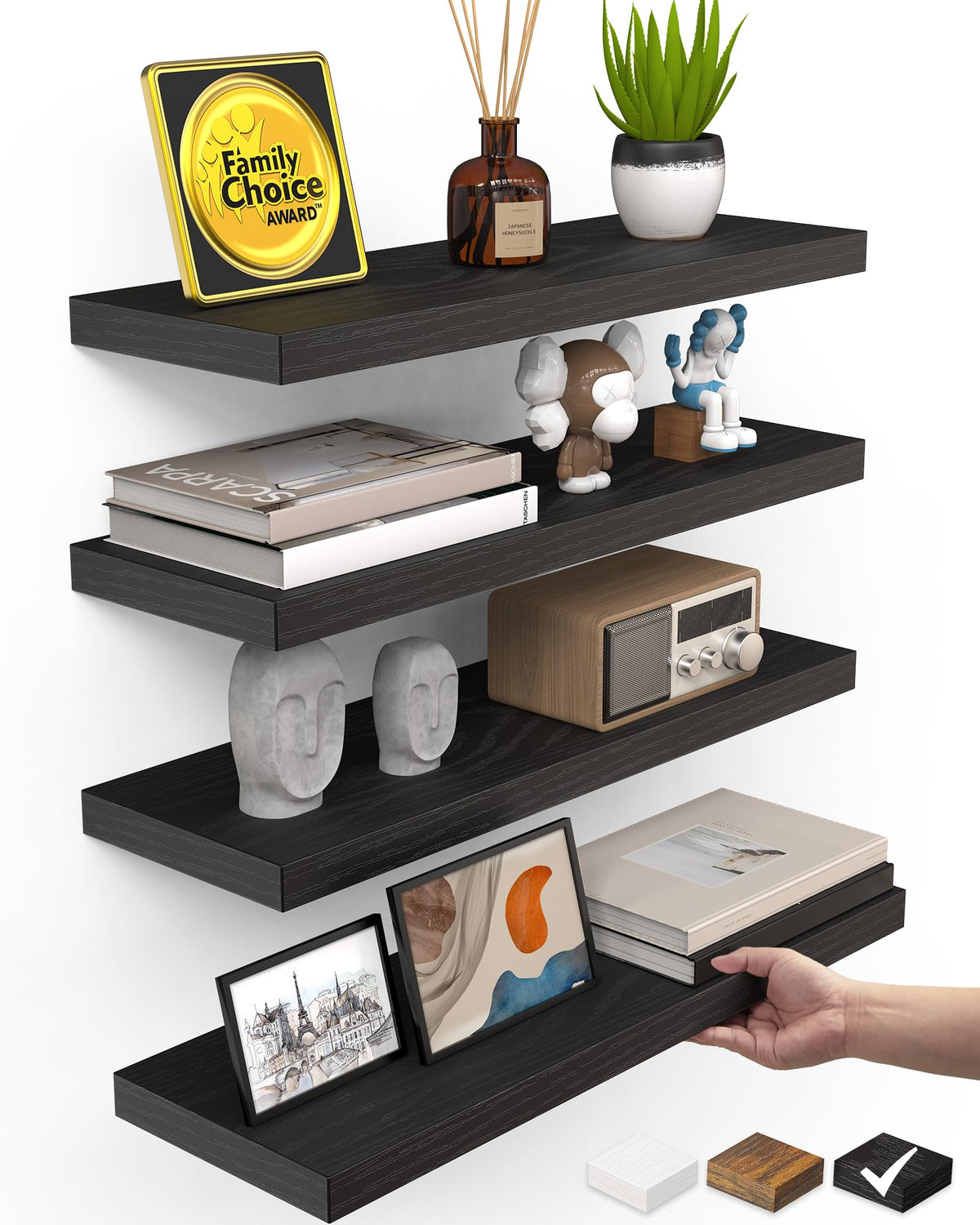 BAYKA étagère face noire montrant design minimal et gain d'espace