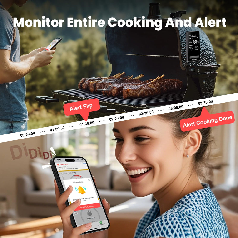 BBQOVN écran d'application mobile montrant lectures multiples et alertes intelligentes