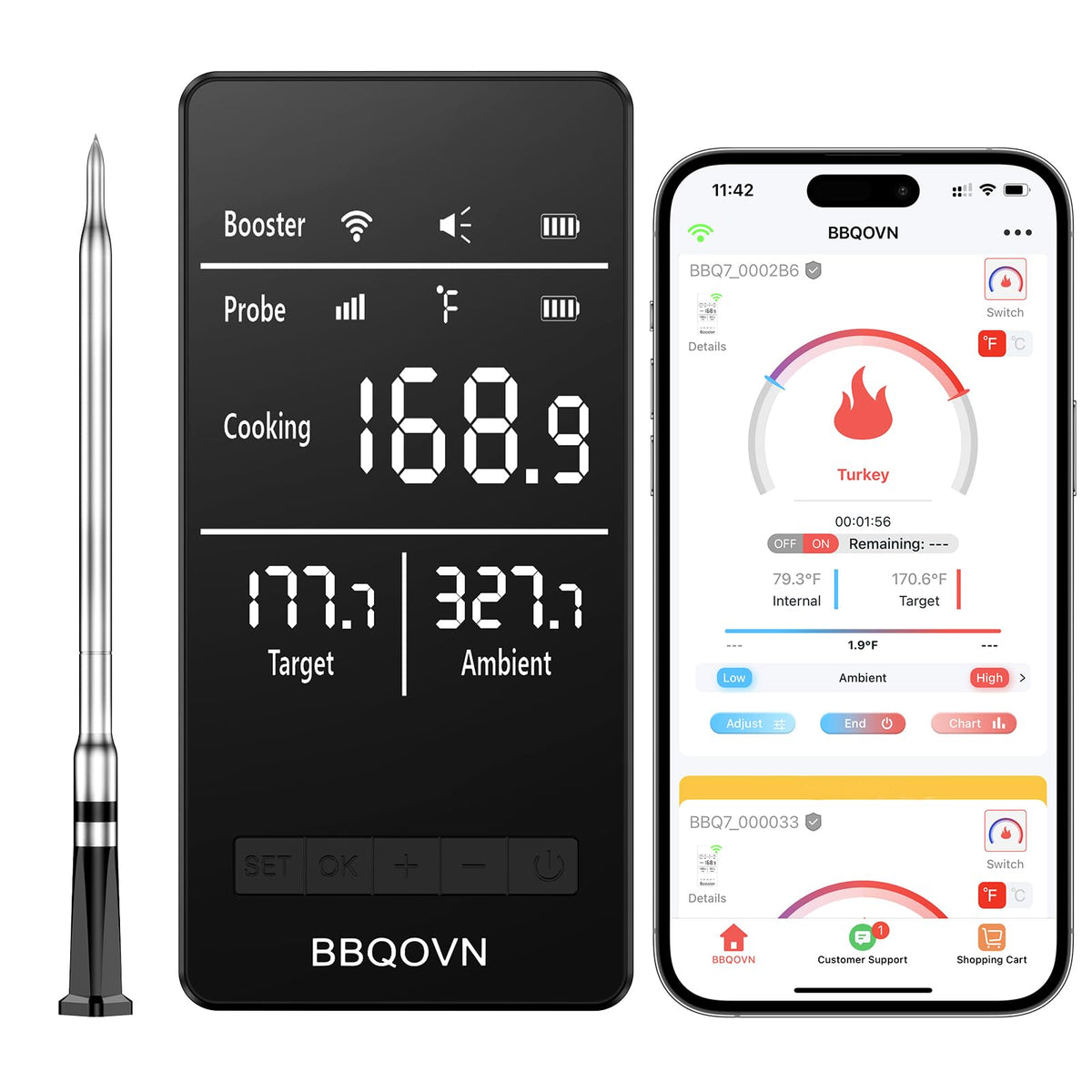 BBQOVN vue face avant de la base numérique affichant températures, facilite le suivi sans téléphone