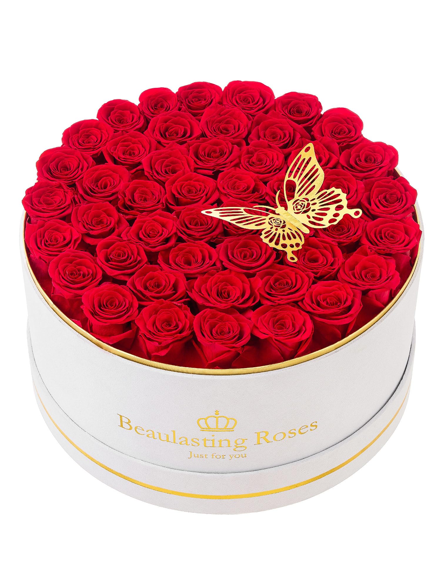 Beaulasting Roses boîte velours blanc montrant 47 roses, présentation élégante durable
