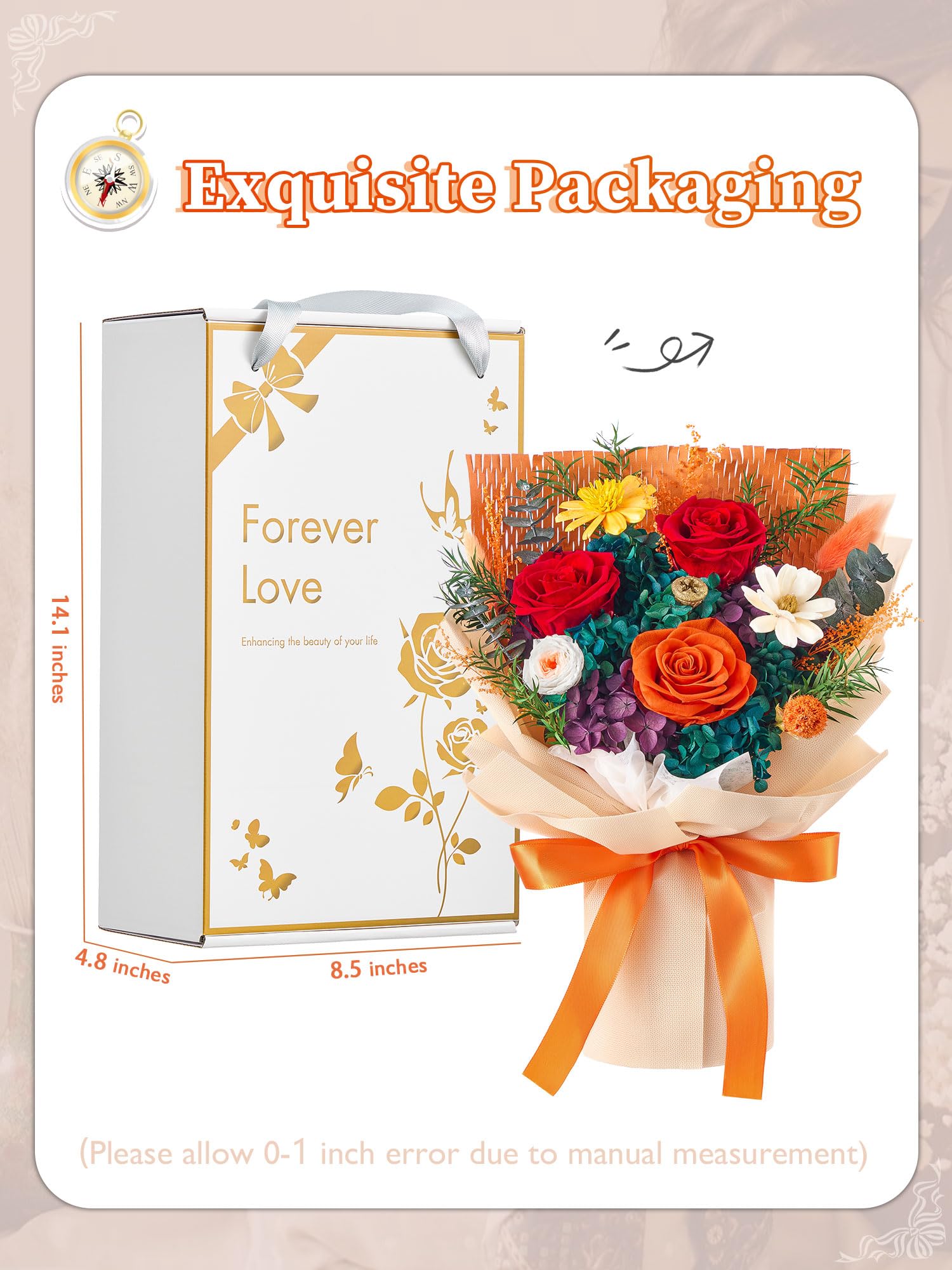Beaulasting Roses bouquet à côté d'un objet pour comparaison de taille pratique