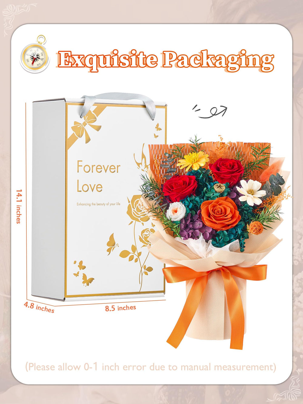 Beaulasting Roses bouquet à côté d'un objet pour comparaison de taille pratique