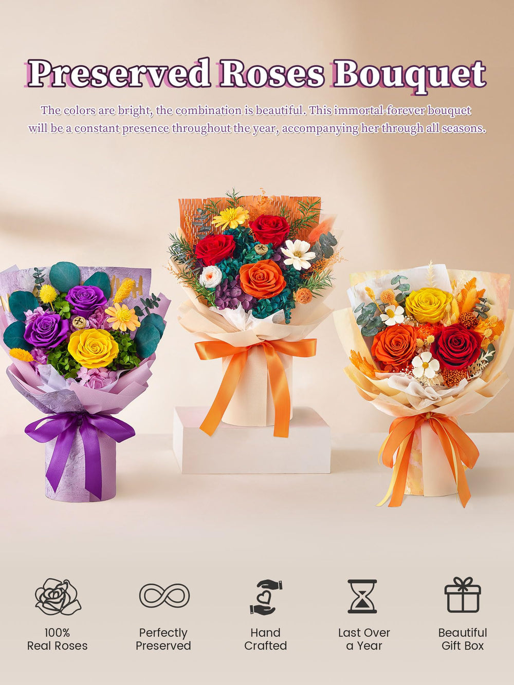 Beaulasting Roses bouquet placé dans un salon moderne pour ambiance durable