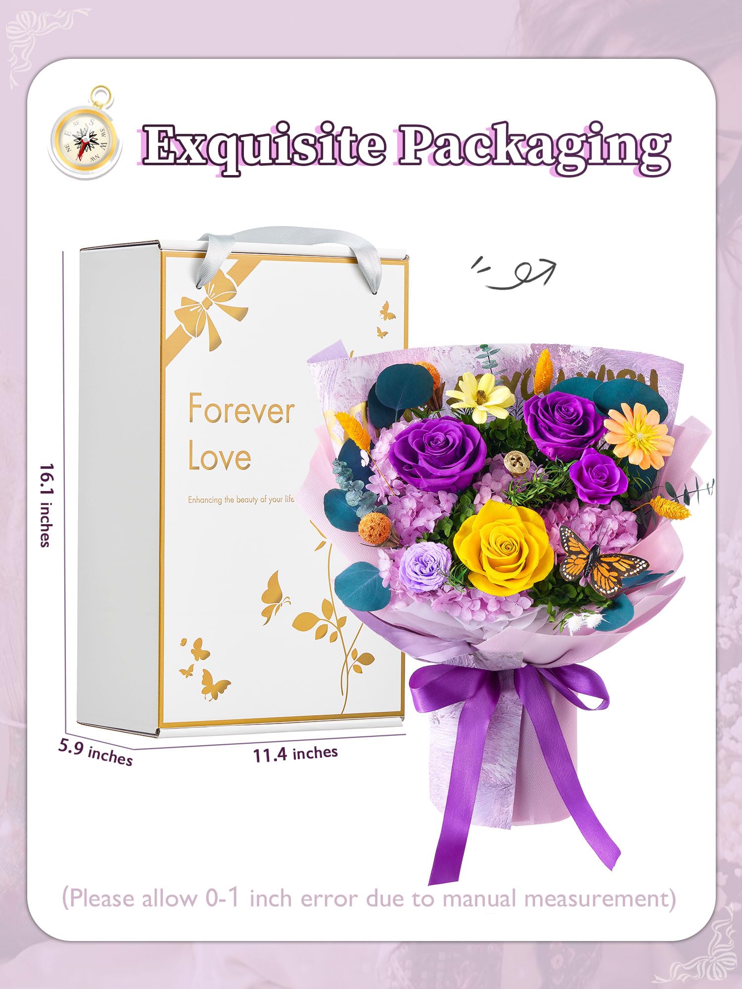Beaulasting Roses comparaison taille avec main pour visualiser dimensions