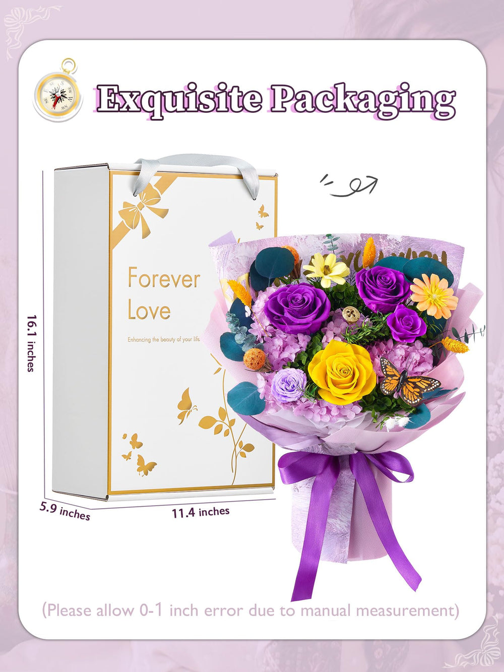 Beaulasting Roses comparaison taille avec main pour visualiser dimensions