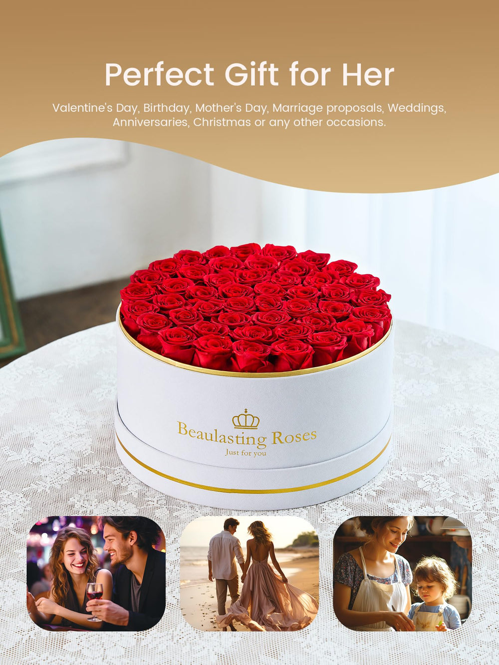 Beaulasting Roses boîte posée sur table, décoration durable pour intérieur