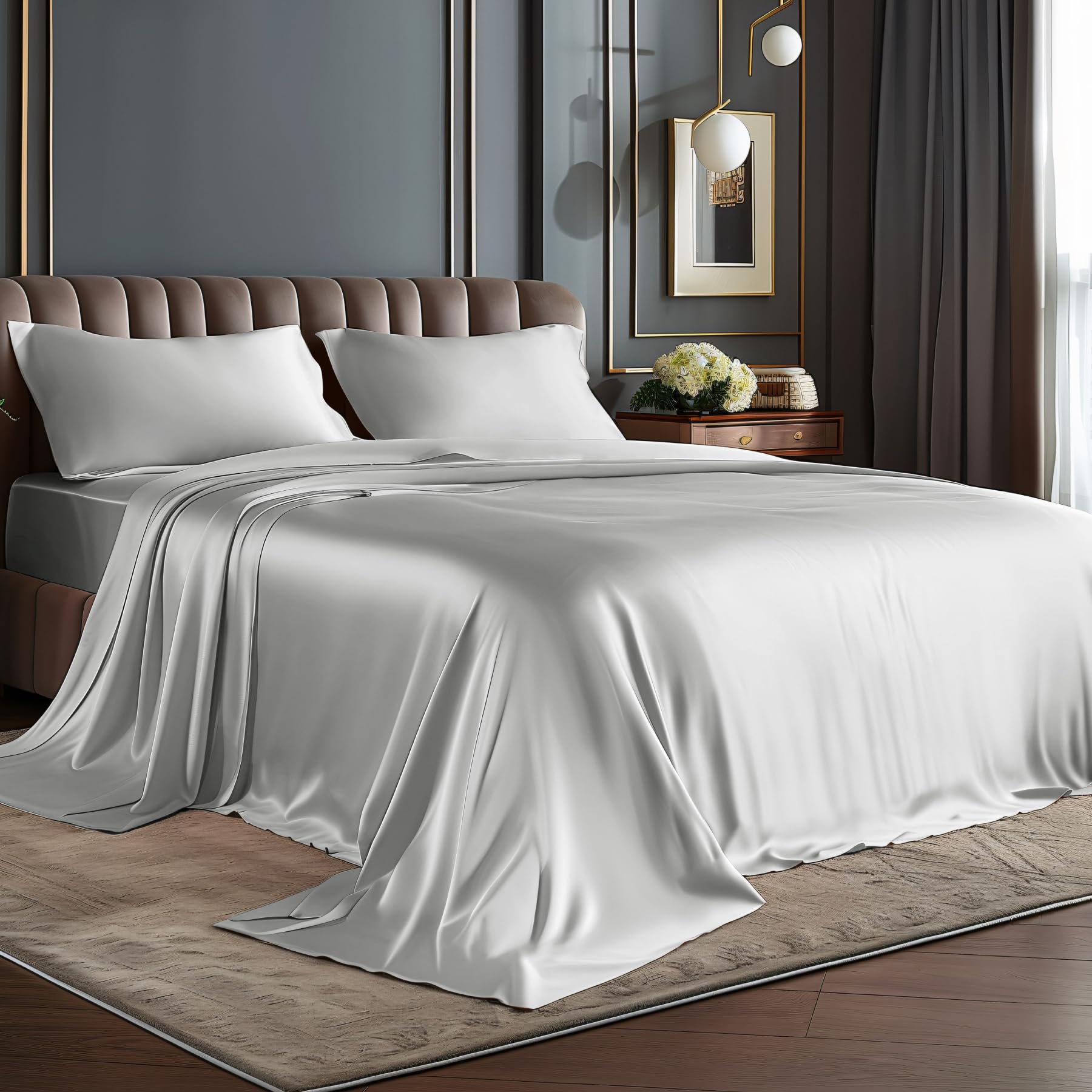 BEDELITE ensemble 4 pièces gris montrant l'apparence brillante et soyeuse pour une chambre élégante
