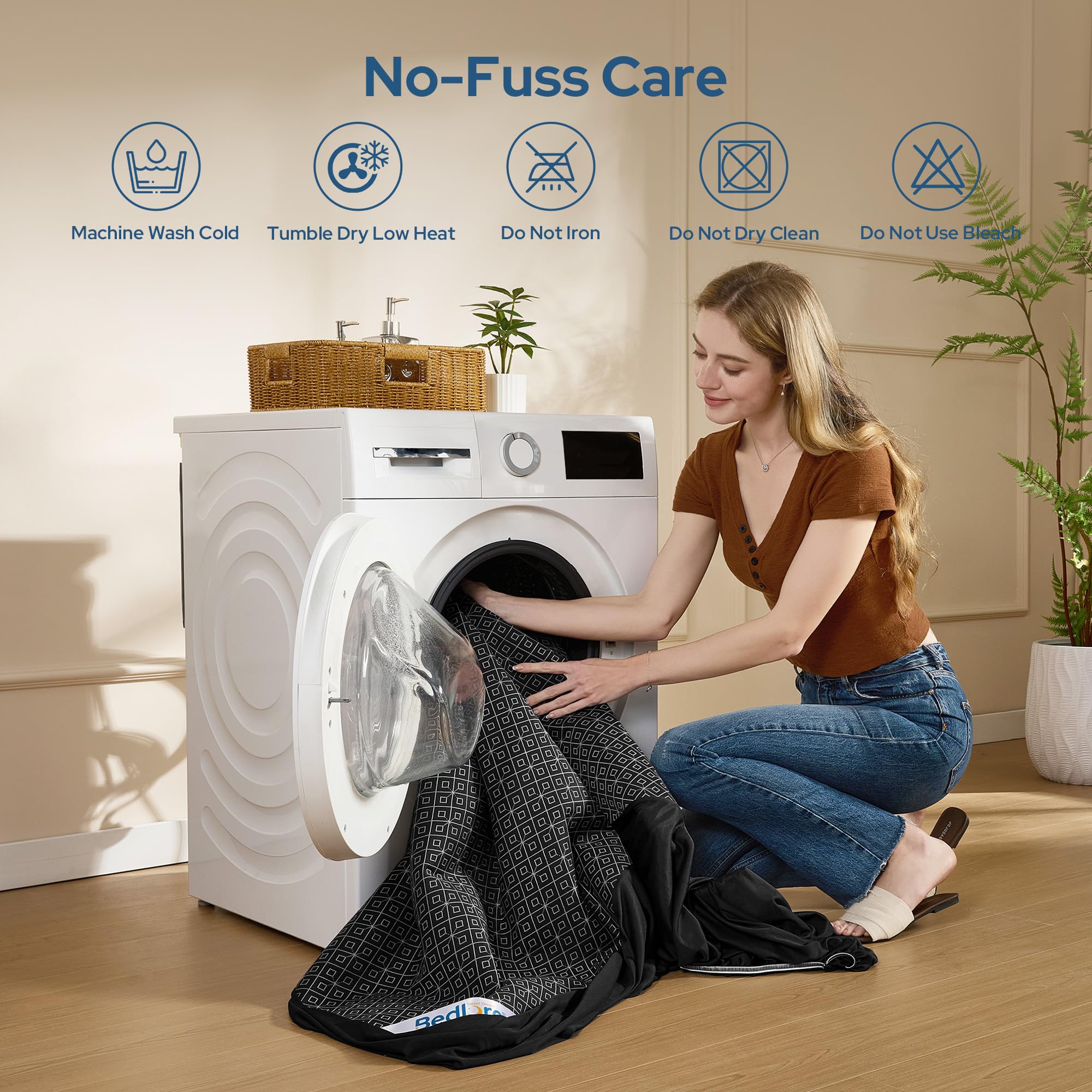 BEDLORE étiquette d'entretien indiquant lavage en machine et entretien simple