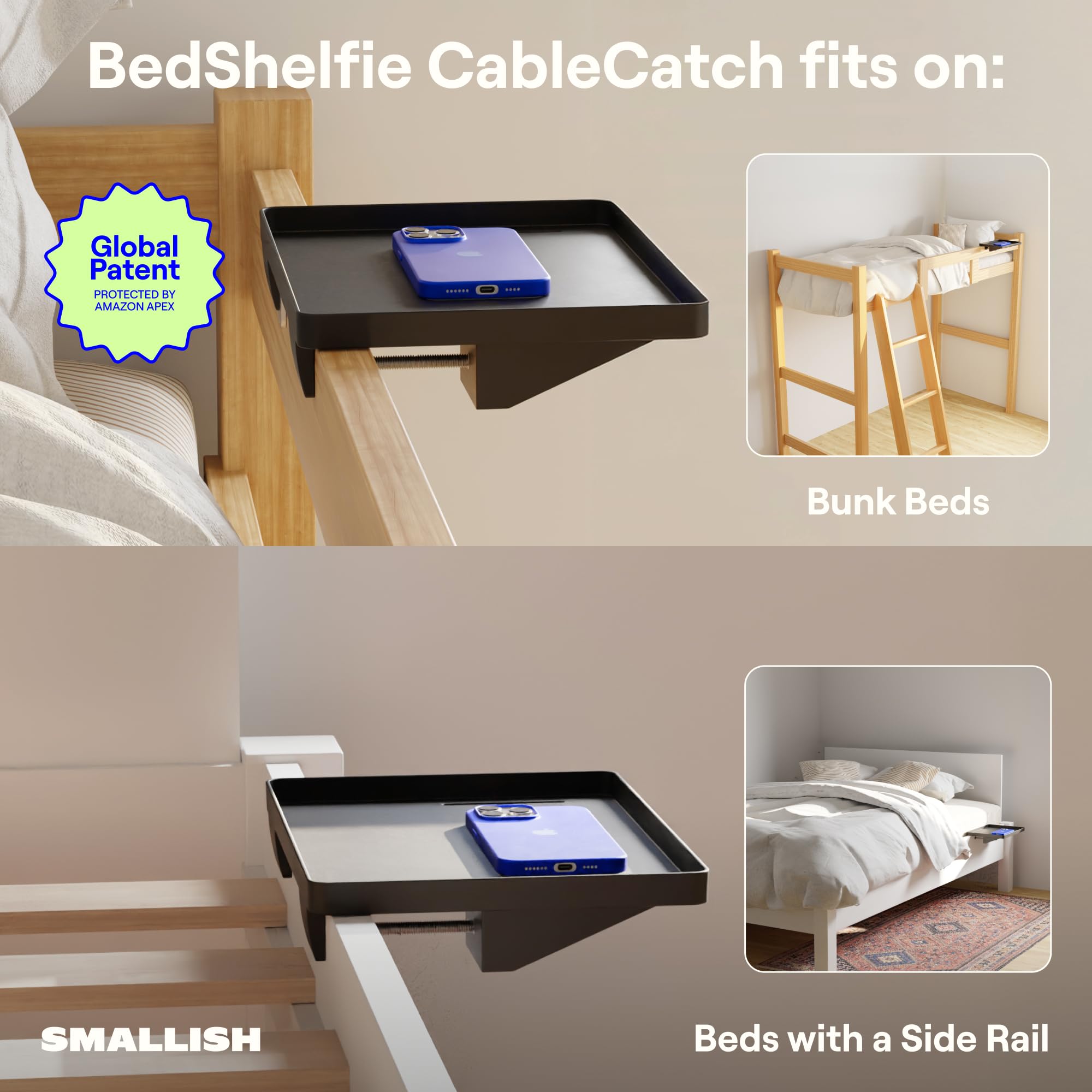 BedShelfie en usage avec téléphone et chargeur, accessible et rangé