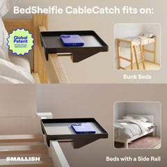BedShelfie en usage avec téléphone et chargeur, accessible et rangé