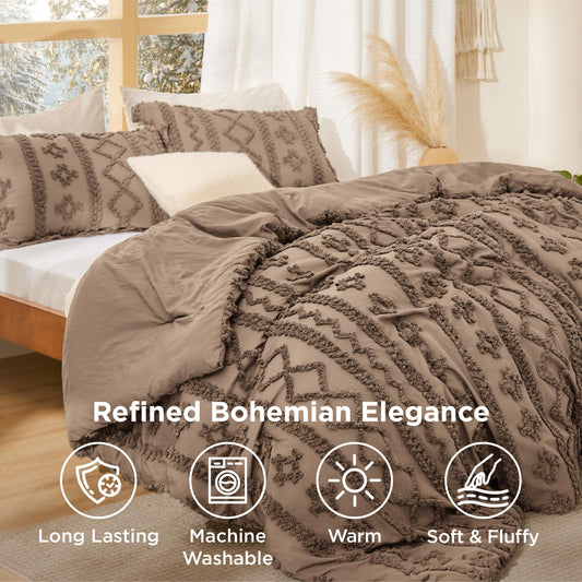 Bedsure zoom sur broderies tuftées montrant texture 3D et élégance artisanale