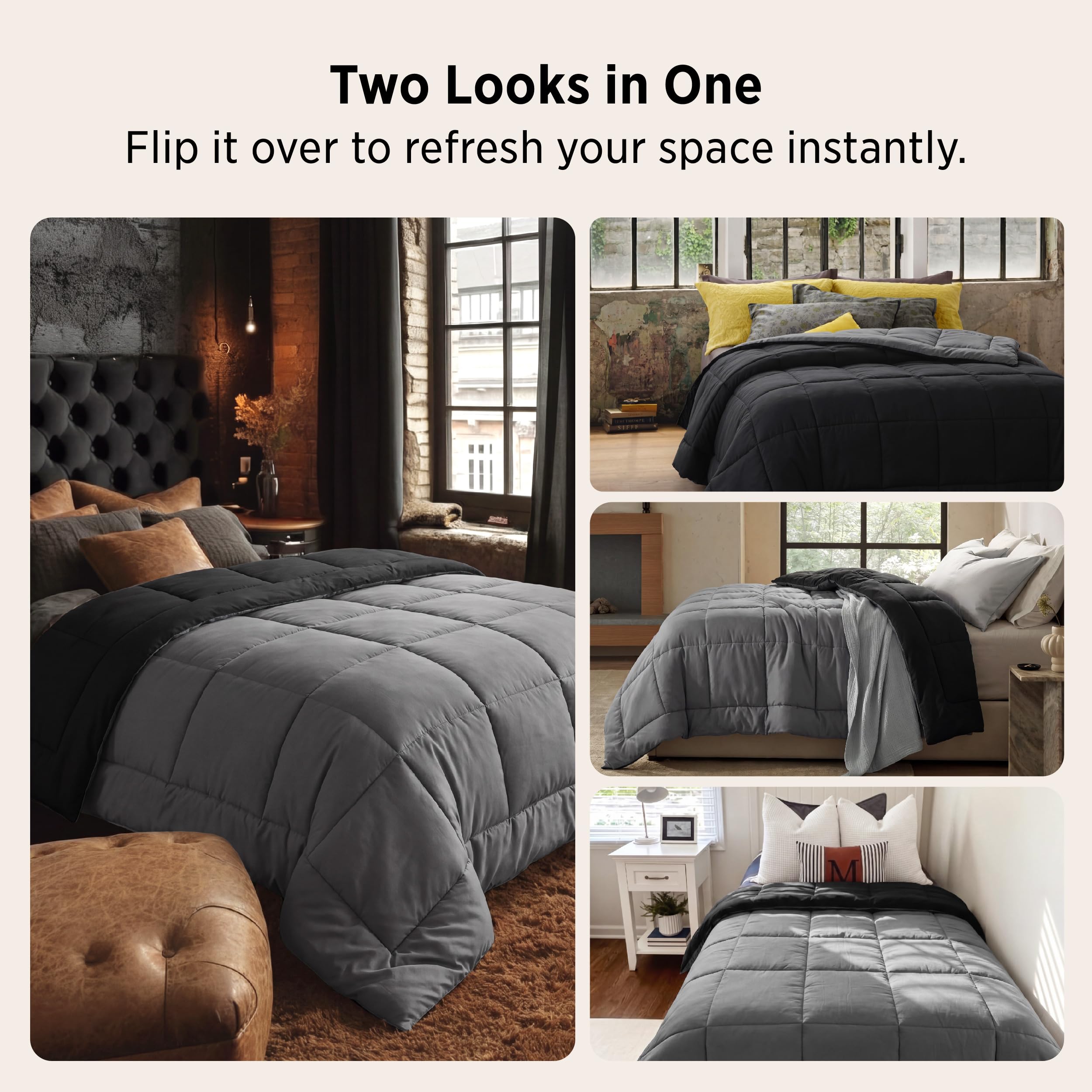Bedsure couette posée avec drap housse noir/gris pour ambiance chambre