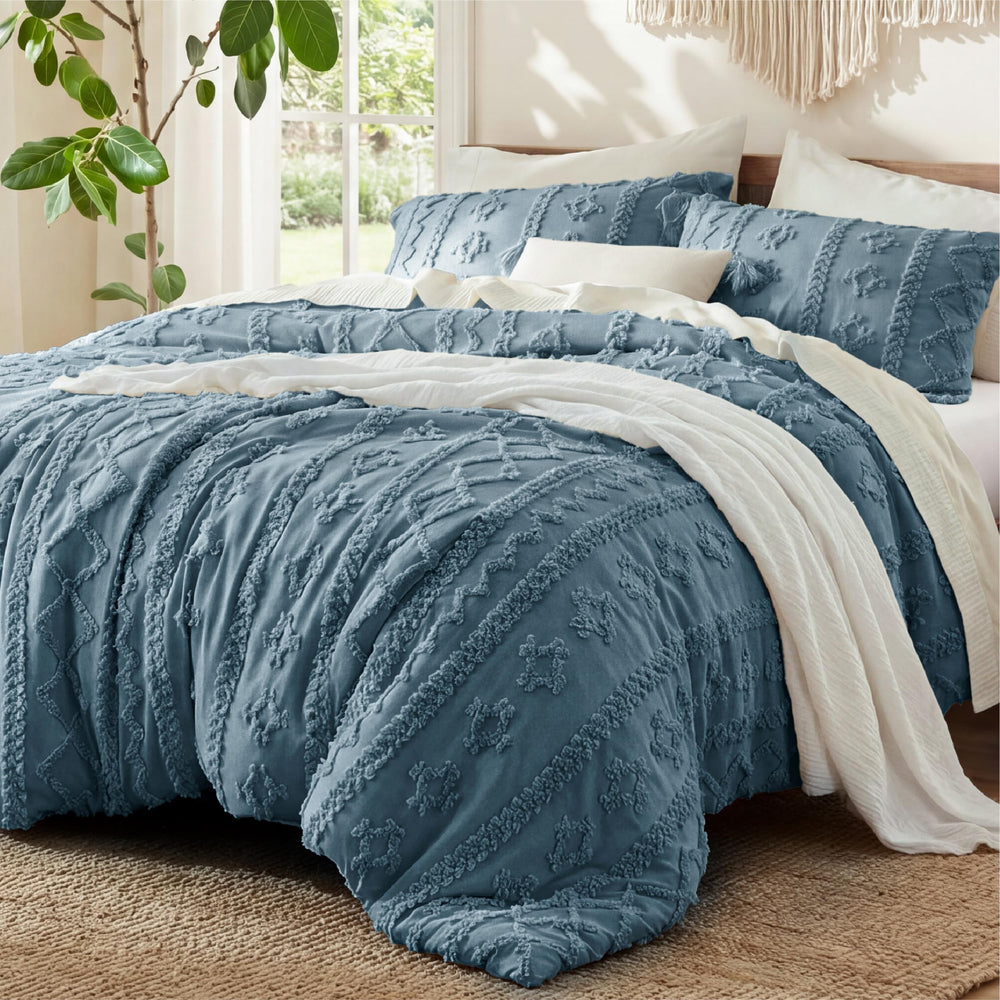 Bedsure couette Dusty Blue face avant montrant le motif boho et un rendu soigné