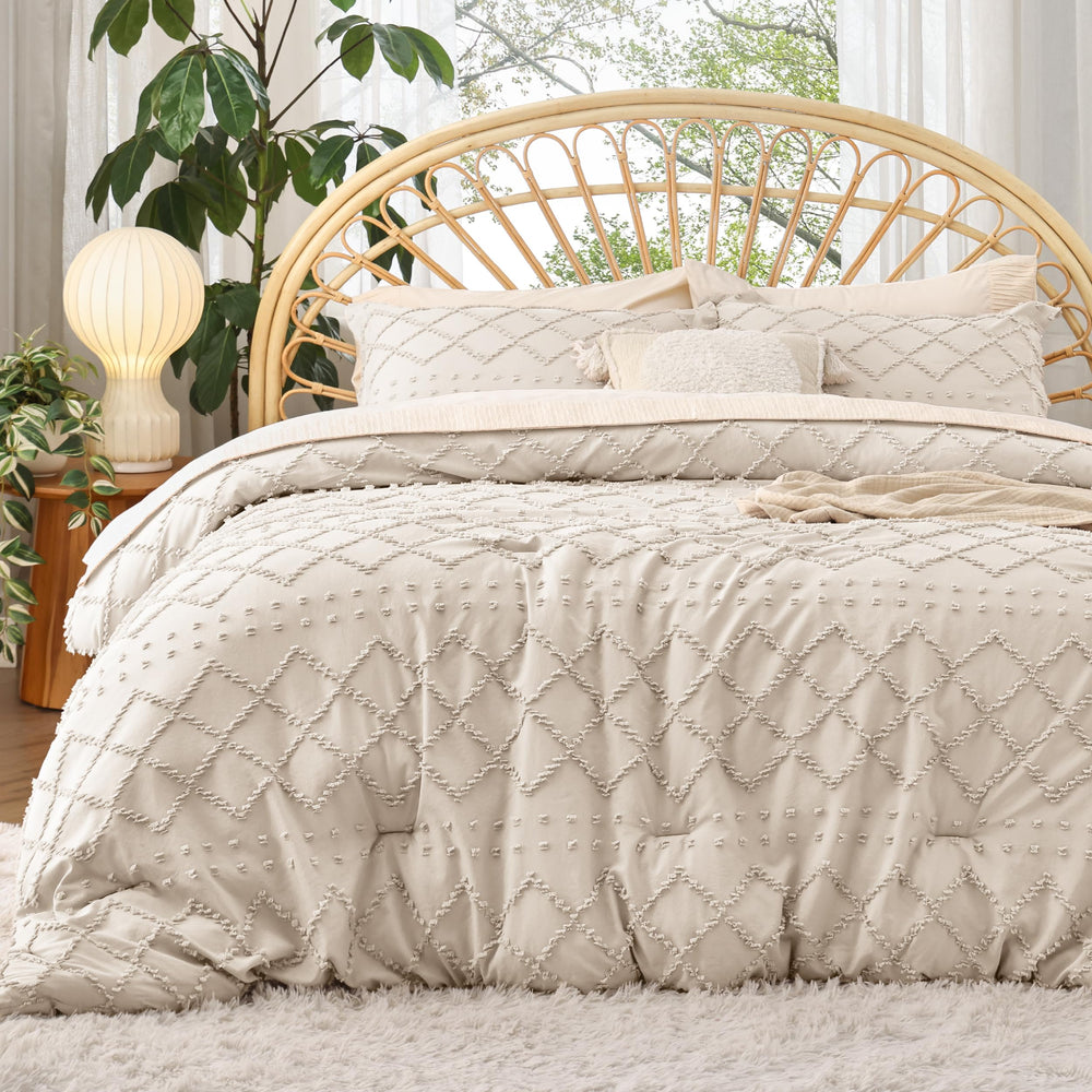 Bedsure couette face complète beige montrant style farmhouse et confort