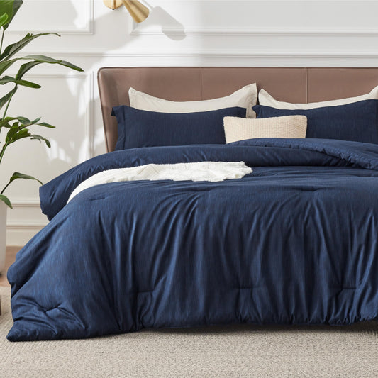 Bedsure couette ensemble complet bleu marine présenté sur lit, confort visuel et gain de place
