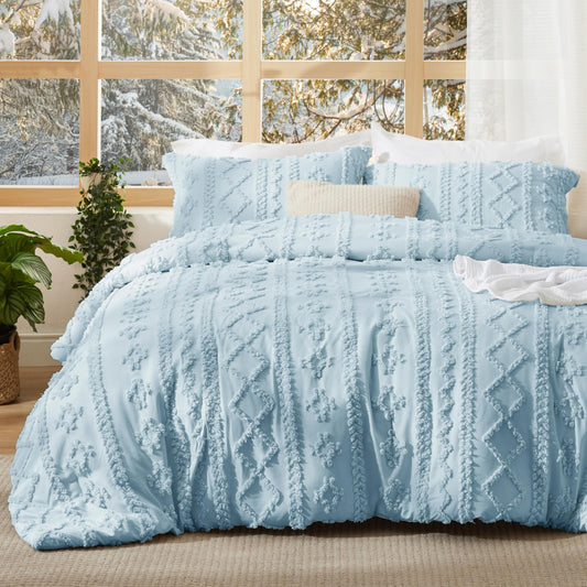 Bedsure couette face entière bleu clair montrant le design bohème et confort visuel