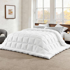 Bedsure couette pliée montrant finition et avantage rangement pratique
