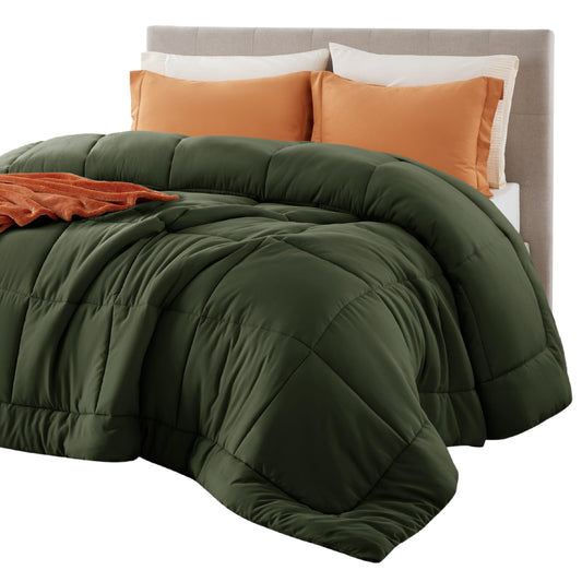 Bedsure couette king face avant montrant le fini olive et un tombé élégant