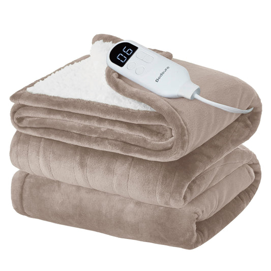 Bedsure couverture chauffante devant montrant couleur taupe et finition, confort immédiat