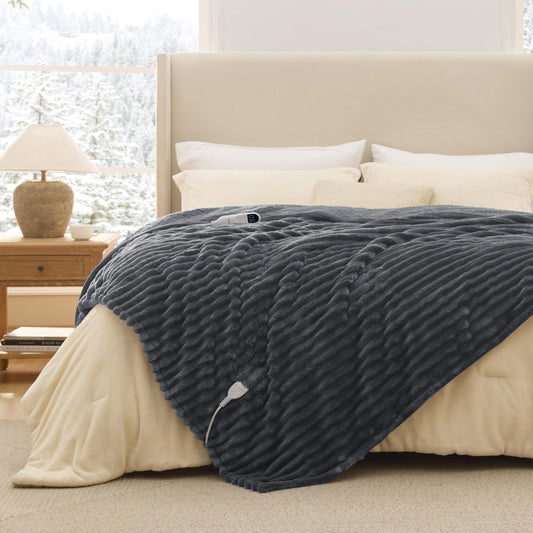 Bedsure couverture chauffante face avant gris montrant l'ensemble et un design élégant