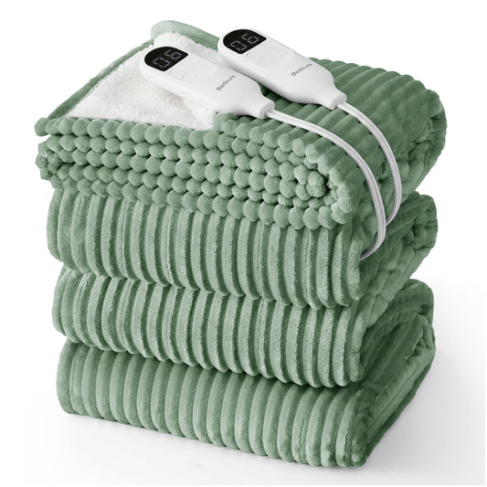 Bedsure couverture chauffante face avant verte montrant chaleur rapide et style