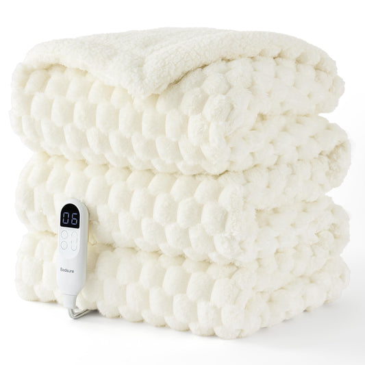 Bedsure couverture chauffante face avant montrant motif bulles et chaleur réglable