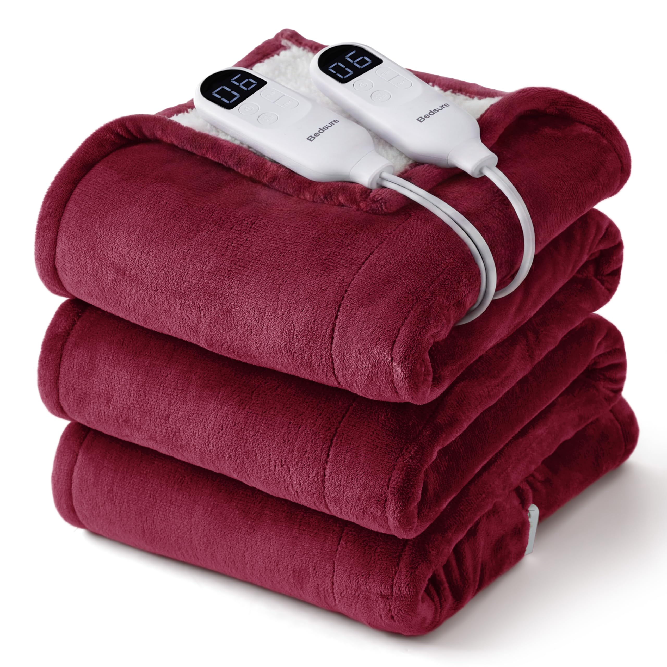 Bedsure couverture chauffante face avant montrant finition et couleur bordeaux pour confort visuel