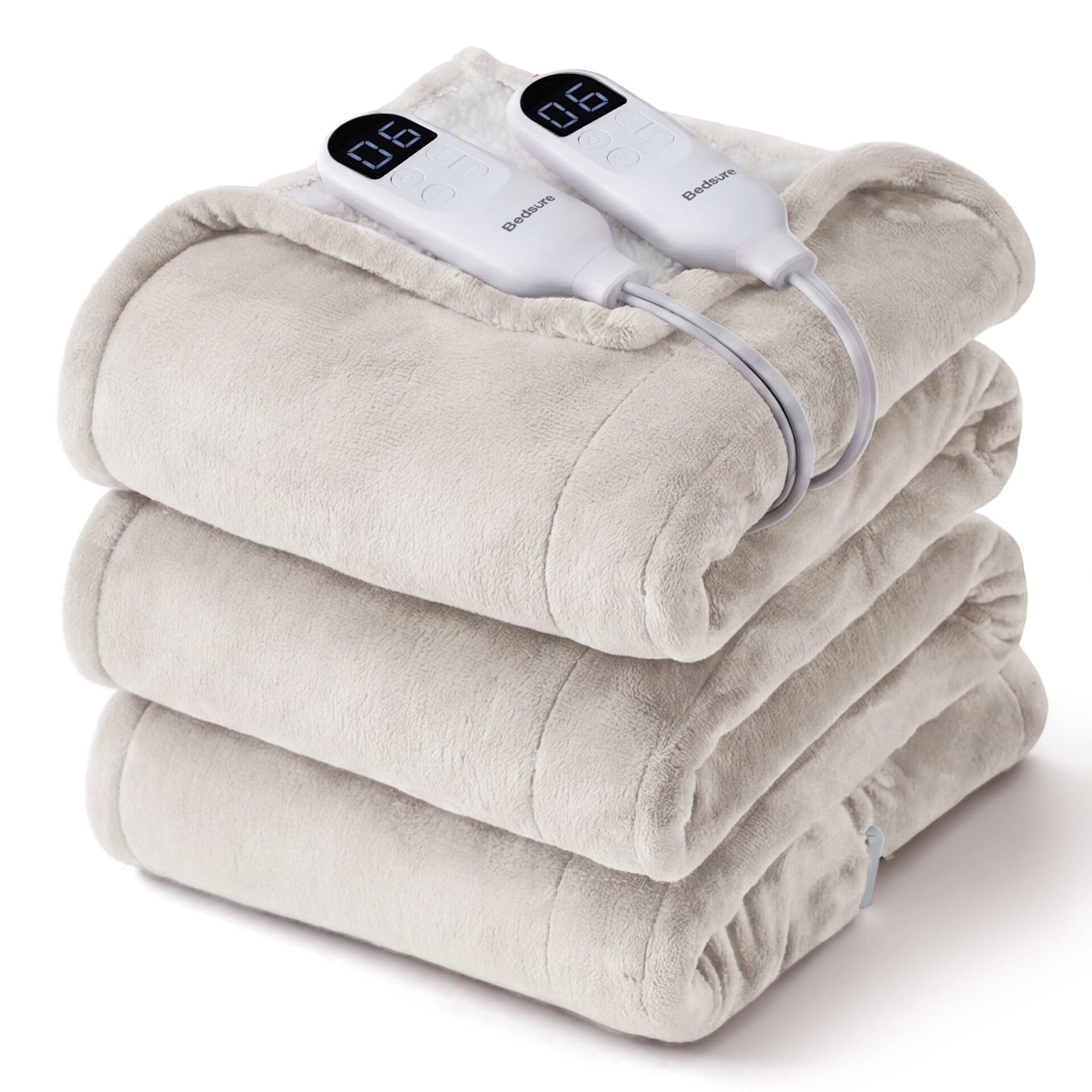 Bedsure packaging avant montrant la couverture chauffante king et ses avantages