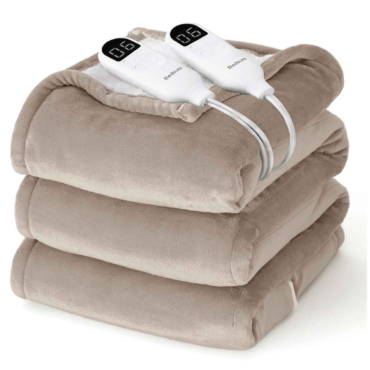 Bedsure couverture chauffante recto taupe montrant finition élégante et confort