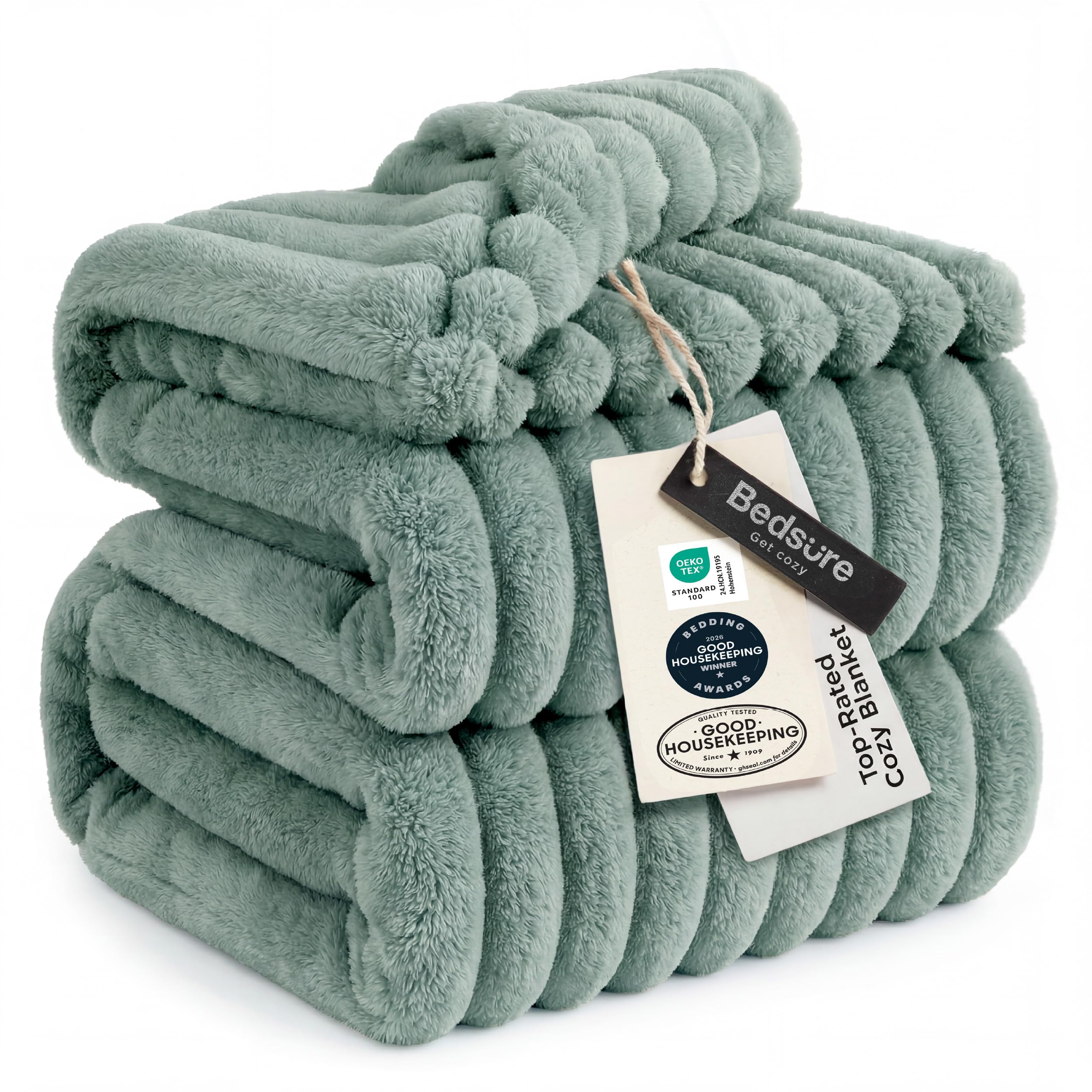 Bedsure couverture devant l'emballage montrant le format king et l'esthétique sage green