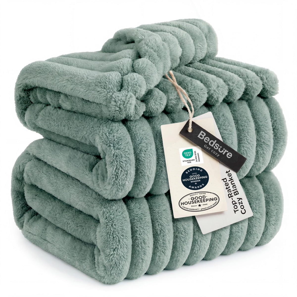 Bedsure couverture devant l'emballage montrant le format king et l'esthétique sage green