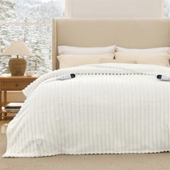 Bedsure couverture électrique face avant montrant rayures et finition, confort élégant