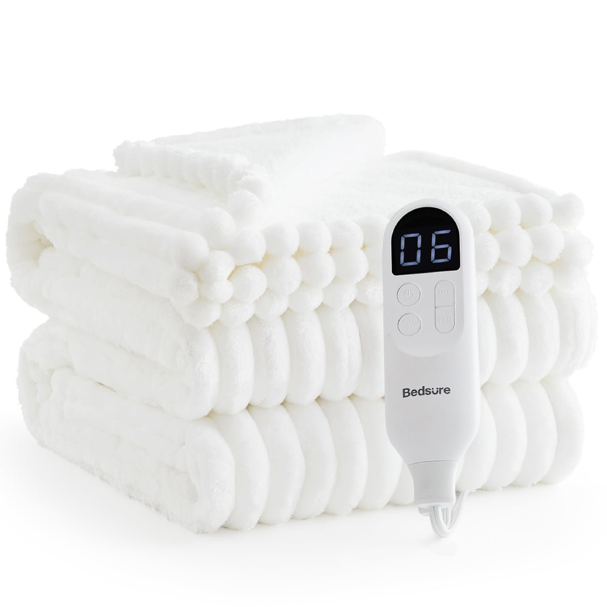 Bedsure couverture électrique face avant montrant rayures et finition, chaleur uniforme