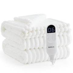 Bedsure couverture électrique face avant montrant rayures et finition, chaleur uniforme