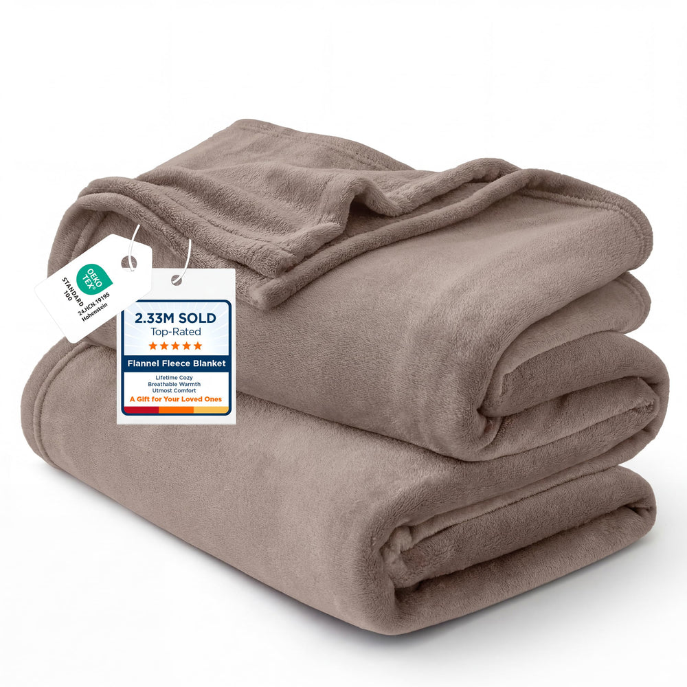 Bedsure couverture face avant brun clair montrant douceur et esthétique cosy