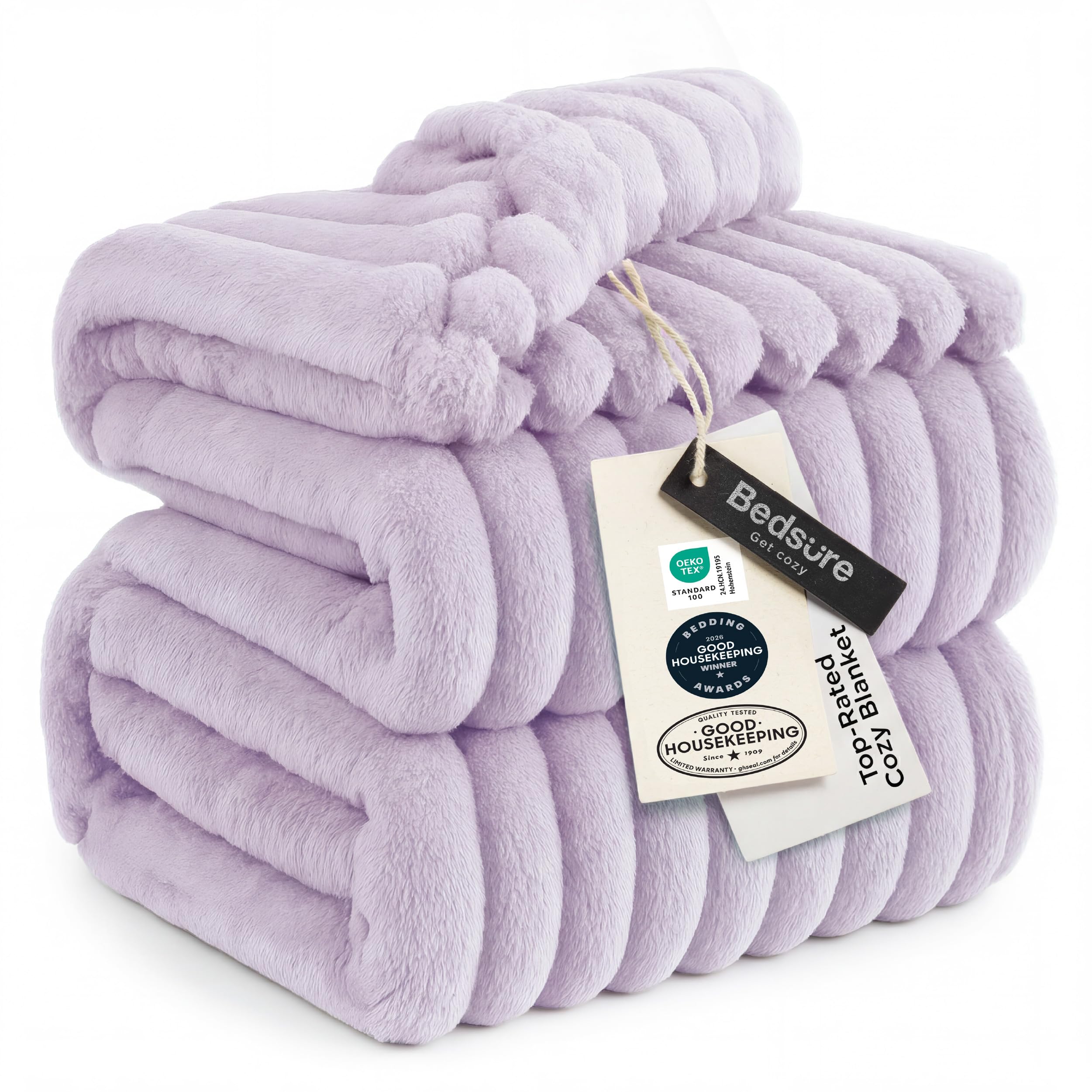 Bedsure couverture face entière Lavender Fog montrant taille et drapé confortable