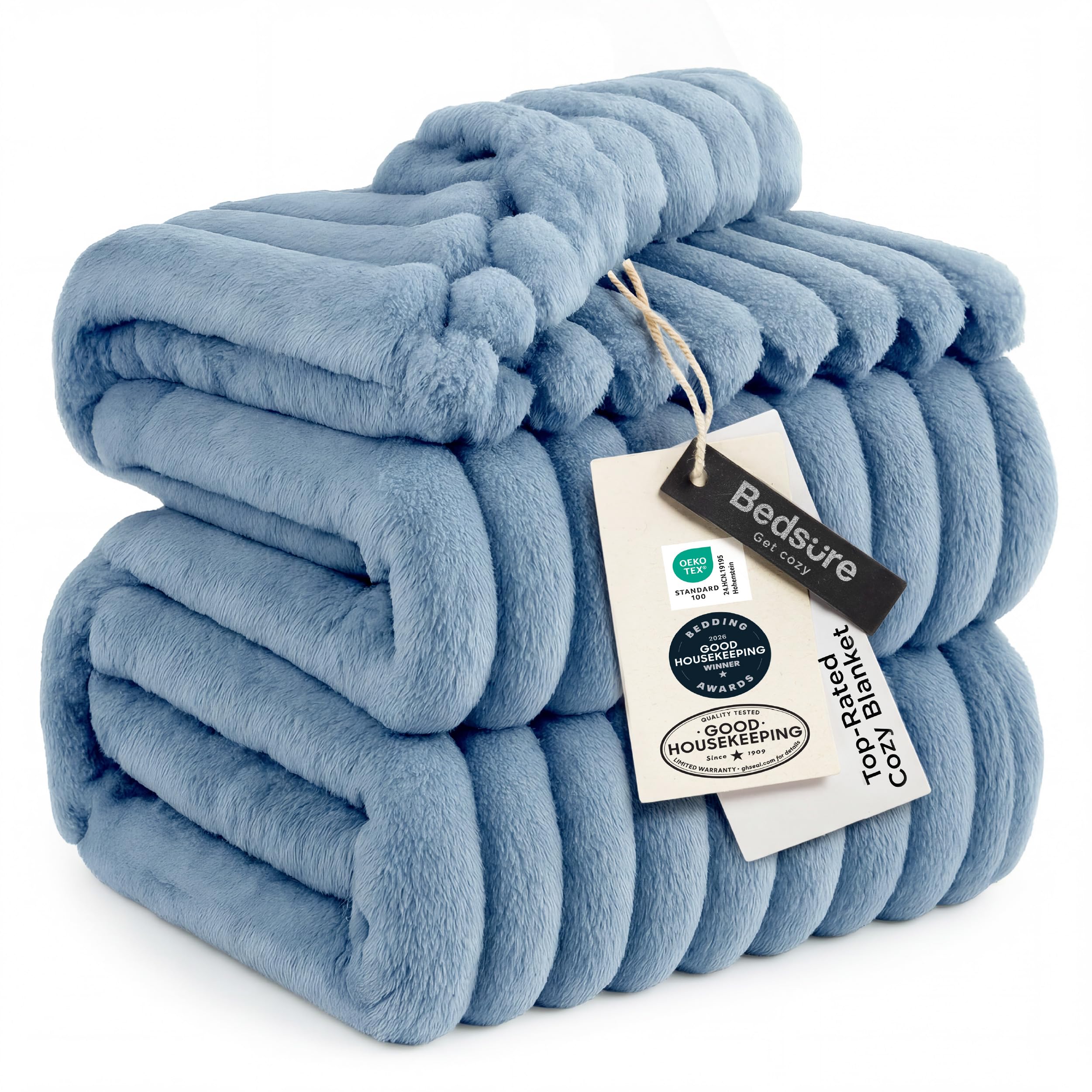 Bedsure couverture bleue face ouverte sur lit, confort instantané
