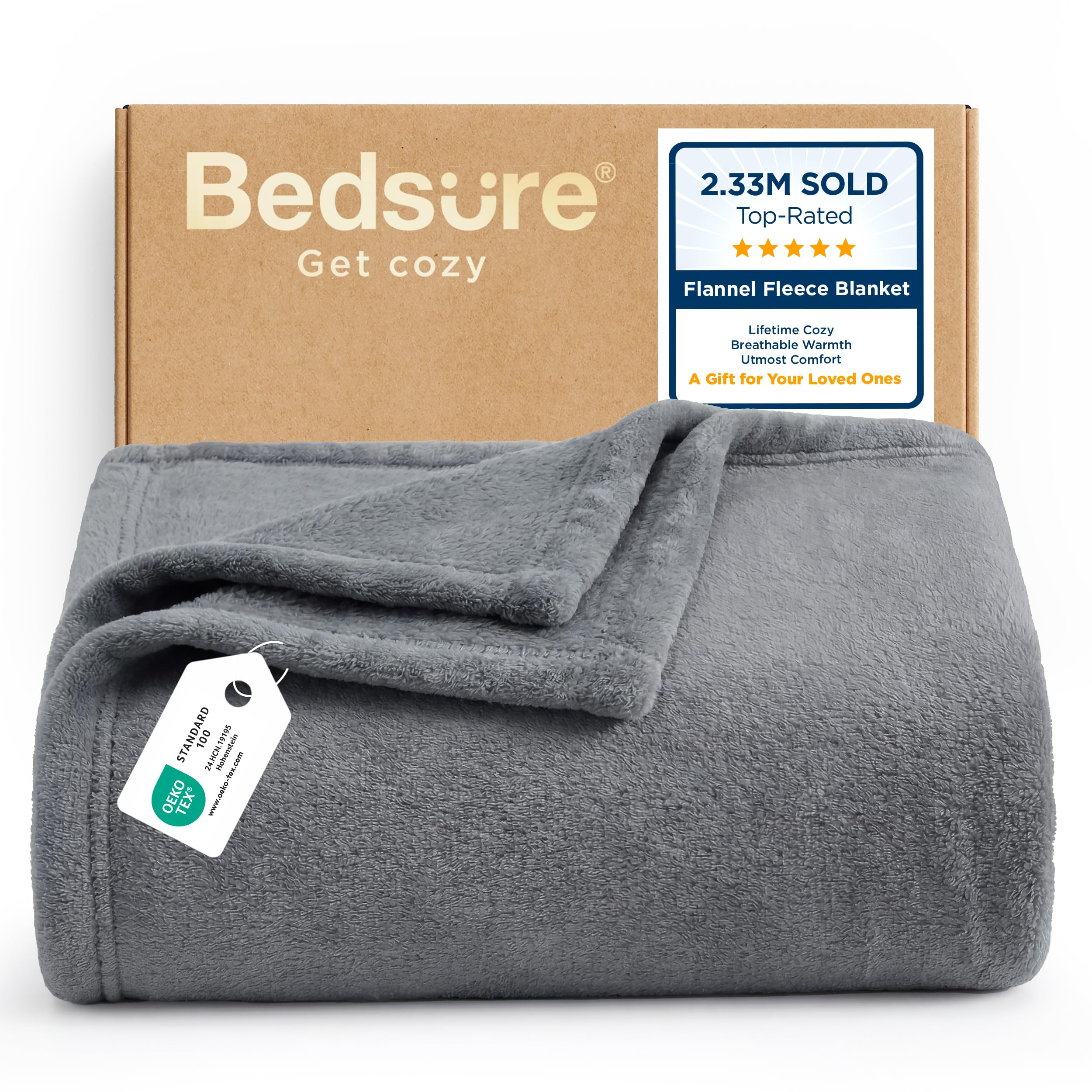 Bedsure couverture pliée gris montrant finition douce et rangement pratique