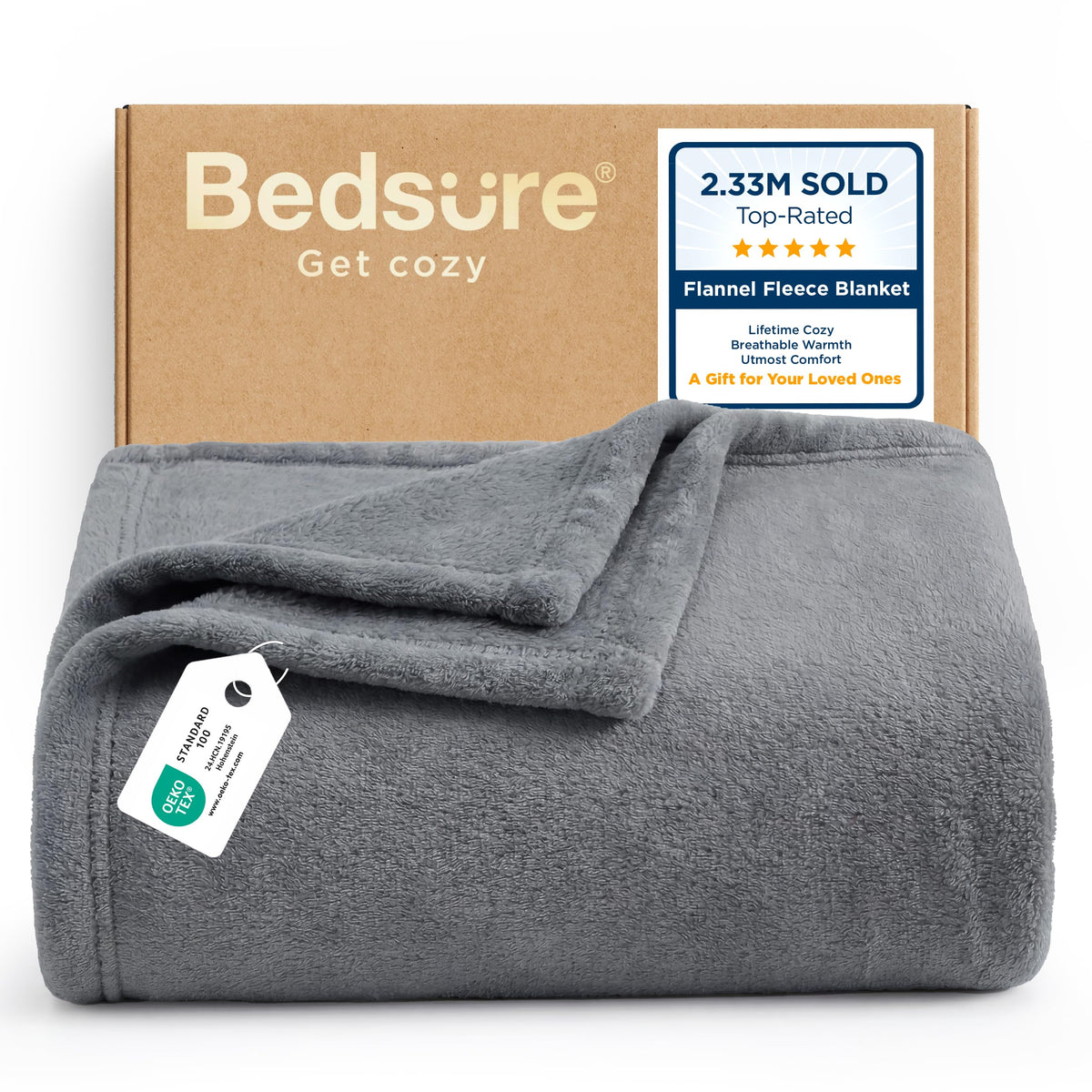 Bedsure couverture pliée gris montrant finition douce et rangement pratique