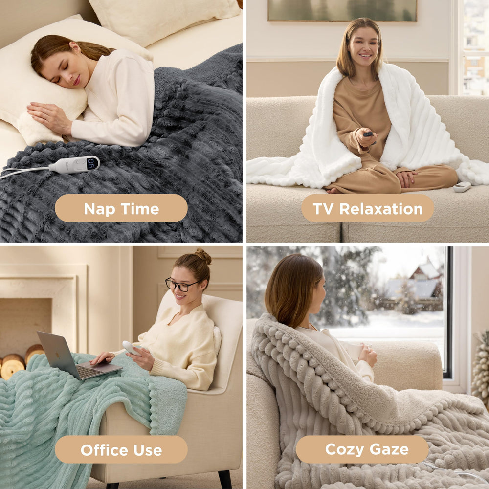 Bedsure couverture en situation sur canapé apportant chaleur réglable pour soirées