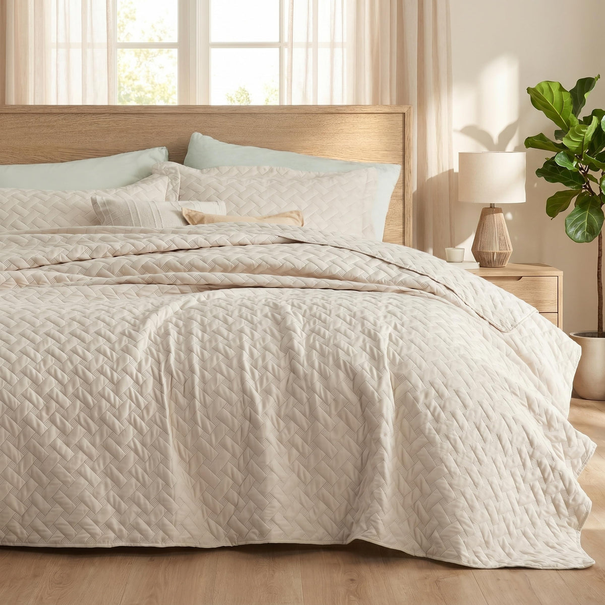 Bedsure vue de face de la couverture queen montrant le design et la couleur beige
