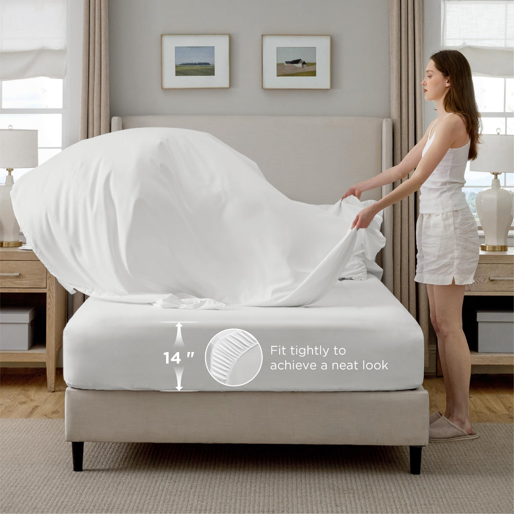 Bedsure draps et taies étalés montrant coordination et facilité d'installation
