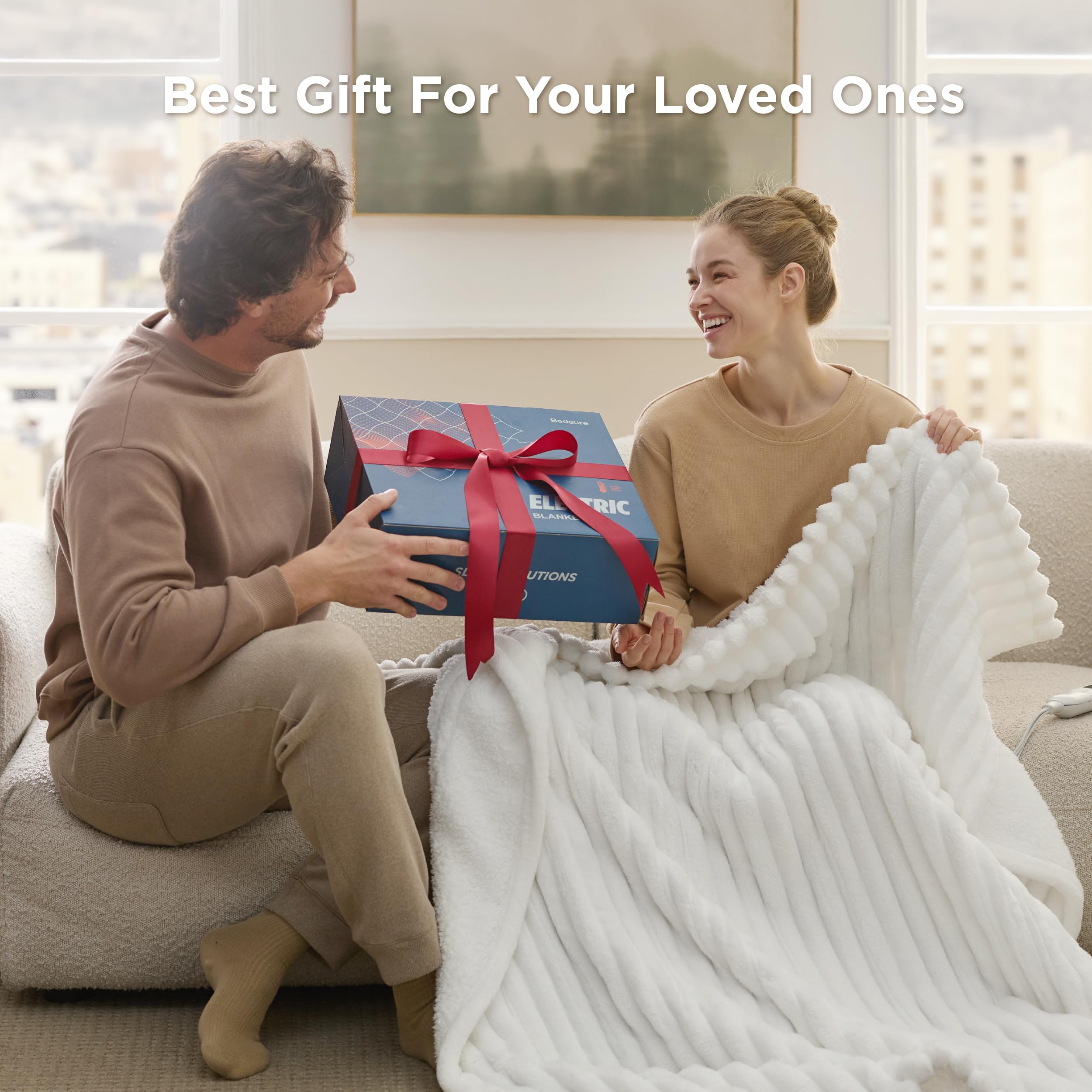 Bedsure couverture montrée à côté d'un mètre pour échelle, visualise taille Twin