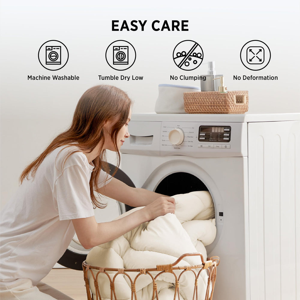 Bedsure étiquette et matériaux illustrant instructions d’entretien et durabilité
