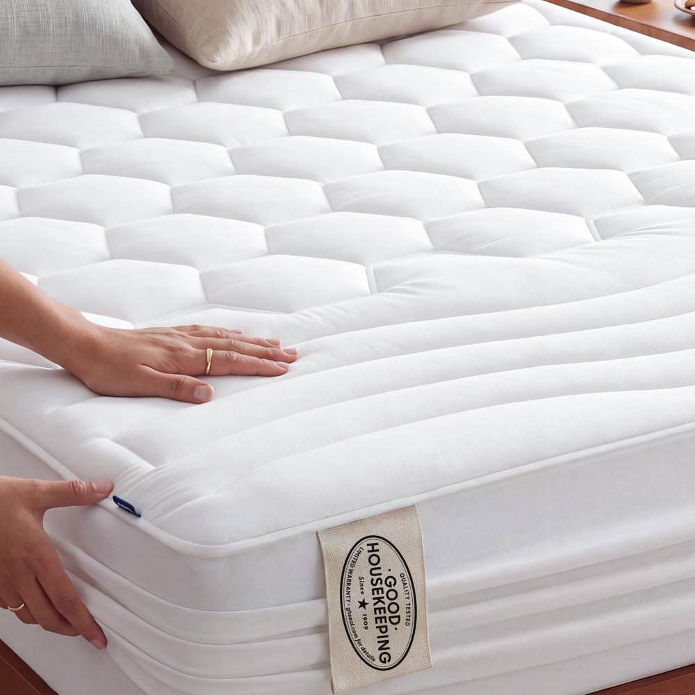 Bedsure face avant montrant le surmatelas king et son aspect fini, confort immédiat